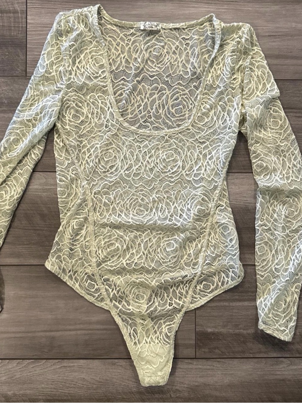 Free People Long Sleeve Lace Bodysuit in Light Cream